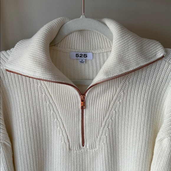 525 America Ivory Cable Knit Fold Collar Half Zip Drop Puff Sleeve Sweater S - Picture 2 of 11